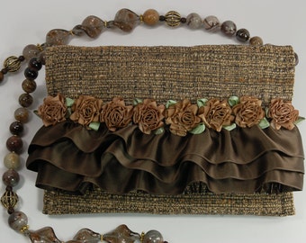 Chocolate Rose - Purse with Ruffles, Beads and Rosettes