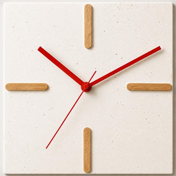 White Cement Wall Clock | Handmade Clock 25x25 cm | Minimalist Decor | Red Hands | ARTESANY HOME