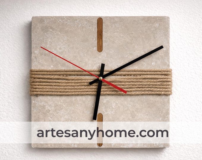 Featured listing image: Handmade Cement Clock 25x25 cm ARTESANY HOME with esparto grass detail | 100% Handmade Decoration