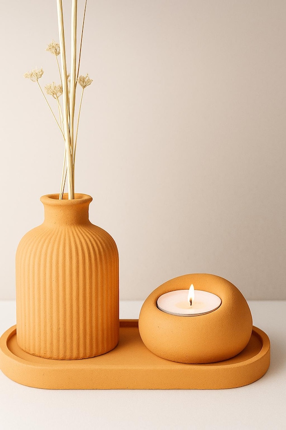 ARTESANY HOME Vase Set with Tray and Candle Holder in White Cement. Honest Objects for Authentic Homes.