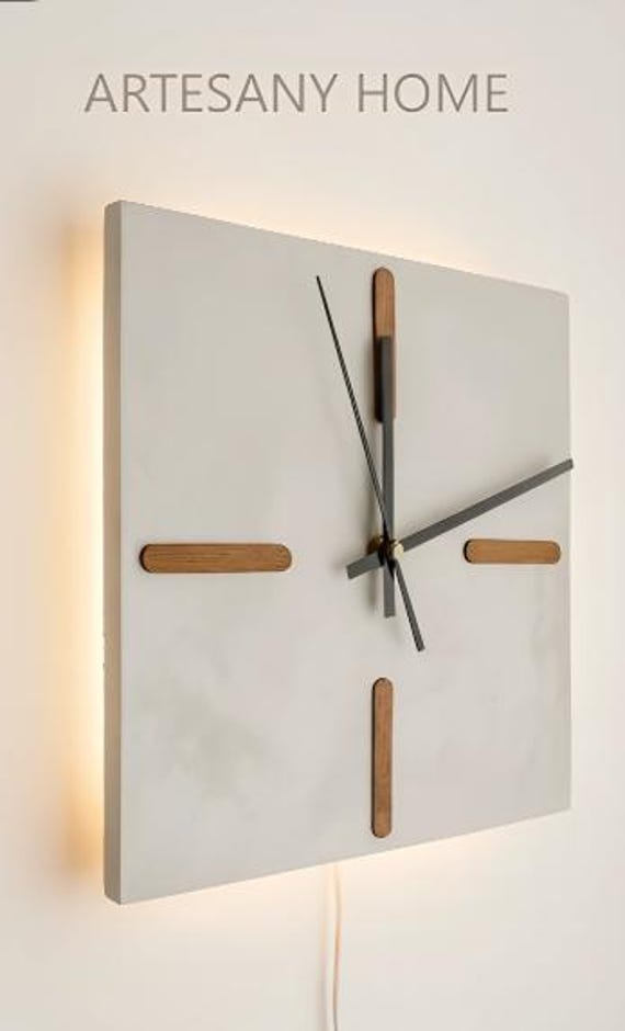 Cement Wall Clock with LED Light | Handmade Wall Sconce | Minimalist and Industrial Decor | Made in Spain | ARTESANY HOME