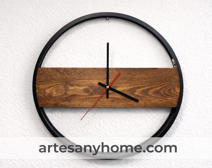 Featured listing image: Handmade round wall clock in wood and black aluminum – Ø 40 cm - ARTESANY HOME
