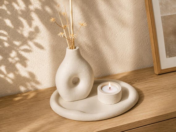 Set of vase, tray, and candle holder in white cement. Aesthetic home decor. Less fast fashion. More conscious design.
