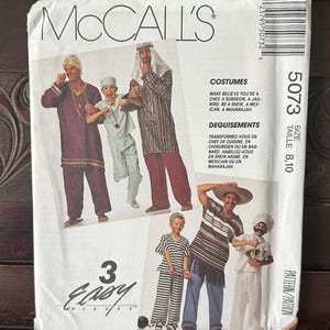 May include: A vintage McCall's sewing pattern for costumes. The pattern features illustrations of various costume ideas, including a chef, surgeon, sheik, and others. The pattern size is 8.10.