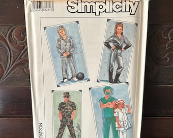 May include: Simplicity sewing pattern packet featuring costume designs. The packet includes illustrations of a prisoner, a futuristic space suit, a military uniform, and a doctor with a nurse. The size is 6-8.