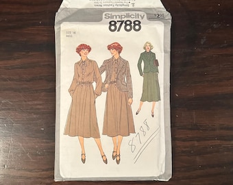 May include: A vintage Simplicity sewing pattern, size 16 Miss, featuring illustrations of women's fashion designs. The pattern packet is white with the number 8788 in large black font. The price is $2.90.
