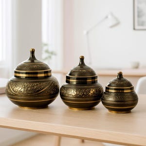 Handcrafted Brass Pot Set – Large, Medium & Small Brass Canister Set – Vintage Enamel Tea, Sugar, Coffee Storage Jars, Decorative Brass Pots
