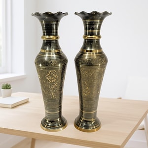 Pair of Tall Hand-Carved Brass Flower Vases, Large Vintage Decorative Vessels for Elegant Floral Arrangements, Shining Gold Brass Home Decor