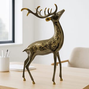 Elegant Tall Brass Deer Figurine – Vintage Handcrafted Reindeer with Antlers – Retro Christmas Home Decor & Animal Collectible Sculpture