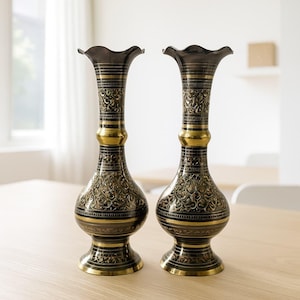 Pair of Long Neck Hand-Carved Brass Flower Vases, Shining Gold Decorative Vessels for Flowers & Centerpieces, ElegantBrass Home Decor
