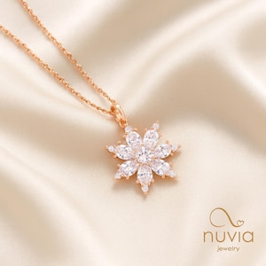 Rose Sterling Silver Lotus Necklace: White Zircon Floral Pendant