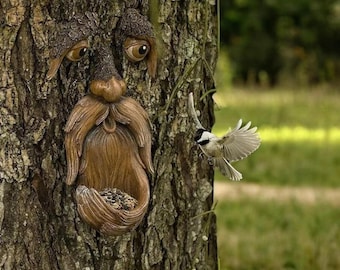 Comedero para pájaros con forma de cara de árbol, decoración de jardín, comedero para pájaros Tree Hugger, arte de jardín, regalo para papá, decoración de árbol para exteriores, escultura de jardín, cara mágica