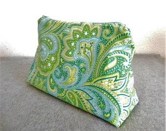 Large Cosmetic Bag - Green and Blue Paisley