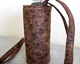 Insulated Water Bottle Carrier - Brown with Swirls and Leaves