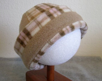 Fleece Beanie - Plaid with Tan Band - Large 1-2 years