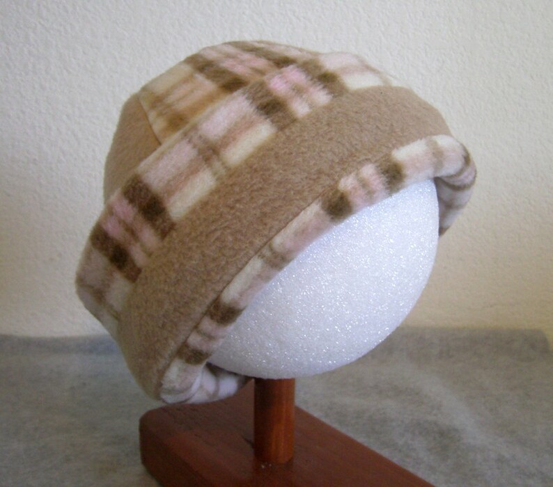 Fleece Beanie  Plaid with Tan Band  Large 1-2 years image 0