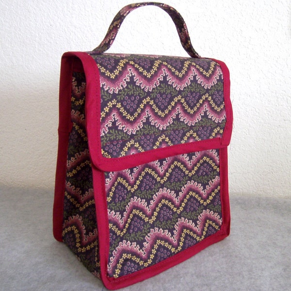 Insulated Lunch Bag - Maroon with Flowers - Chevron Pattern