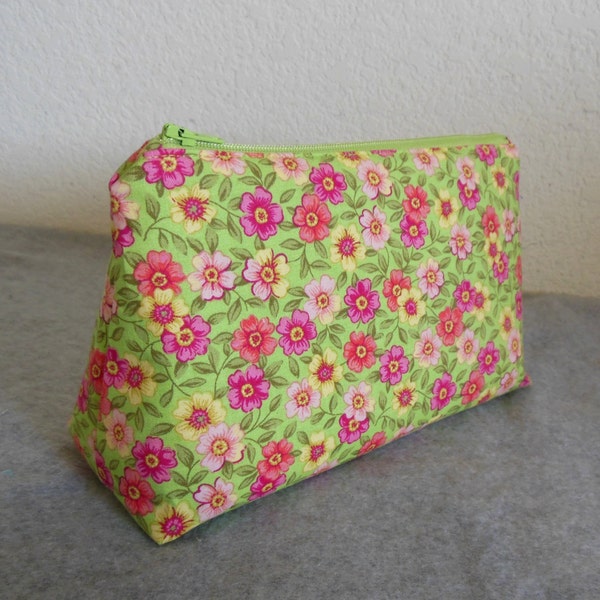 Cosmetic Bag - Pink Floral on Green