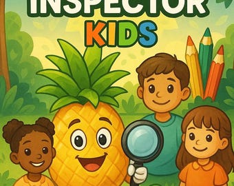 Könnte beinhalten: Buntes Kinderbuchcover mit dem Titel "THE FRUIT INSPECTOR KIDS". Es zeigt eine lächelnde Ananas, Kinder und Bleistifte. Der Text enthält "Includes Line Art, Scriptures, and Positive Messages".