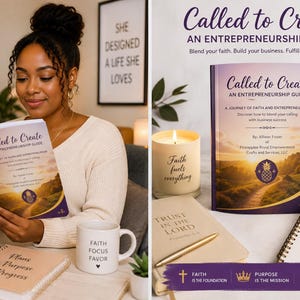 May include: A book titled Called to Create: An Entrepreneurship Guide with a sunset landscape cover, a white mug with Faith Focus Favor text, a candle labelled Faith fuels everything, a notebook with Trust in the Lord, and a spiral planner.