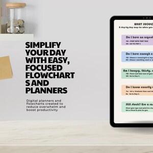 May include: A digital planner on a tablet with the text "SIMPLIFY YOUR DAY WITH EASY, FOCUSED FLOWCHARTS AND PLANNERS". The planner includes a step-by-step map with questions like "Do I have an urgent?" and "Am I hungry, thirsty, etc.?"