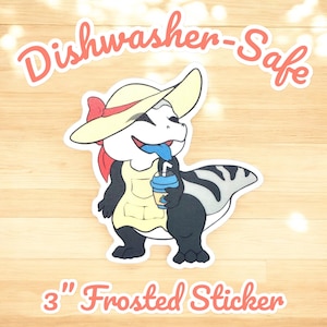 May include: A 3-inch frosted sticker featuring a cartoon dinosaur wearing a sun hat and apron, holding a blue drink with a straw. The sticker has the words "Dishwasher-Safe" and "Frosted Sticker" in a cursive font.