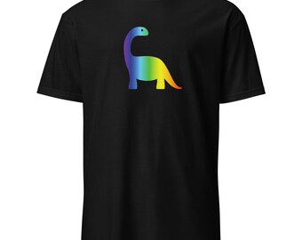 May include: Black t-shirt featuring a rainbow-colored dinosaur graphic. The dinosaur is a stylized illustration with a long neck and tail, and the colors transition from blue to red. The shirt is made of a soft material.