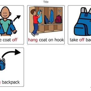 May include: A sequence of four illustrated panels demonstrating actions. The first panel shows a person removing a blue coat, labelled "take coat off." The second panel depicts hanging a coat, labelled "hang coat on hook." The third shows taking off a blue backpack, labelled "take off backpack." The last panel shows hanging a backpack, labelled "hang backpack."