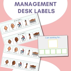 Op de afbeelding: Bureau-labels voor gedragsmanagement in de klas en tokenborden met visuele iconen voor een stille mond, luisterende oren, op de stoel blijven zitten, hand opsteken en handen bij jezelf houden. Bevat een tokenbord met de tekst I am working for.