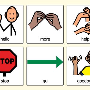 Op de afbeelding: Zes geïllustreerde communicatiesymbolen. Ze omvatten "hallo", "meer", "help", een rood "stop"-bord, een groene pijl voor "gaan" en een zwaaiende persoon voor "tot ziens". De illustraties zijn in een eenvoudige cartoonstijl.