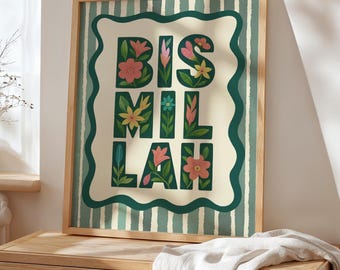 Framed Islamic Nursery Art: Floral Bismillah Print, Muslim Kids Decor, Muslim Baby Girl Gift