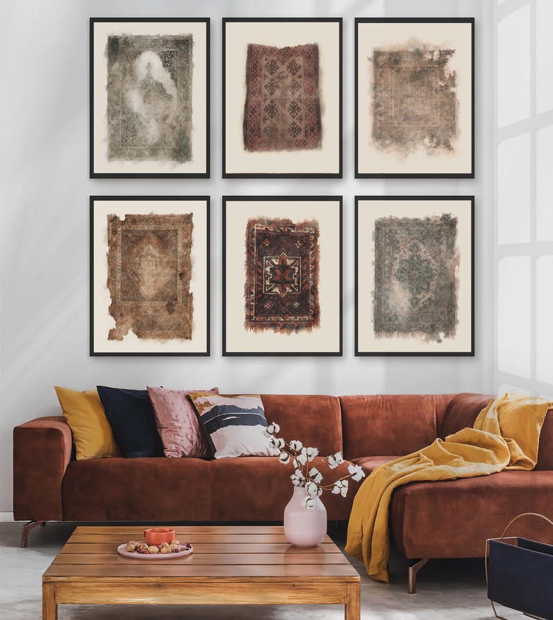 Framed Persian Rug Art: Bohemian Islamic Gallery Art Set of 6, Textile ...