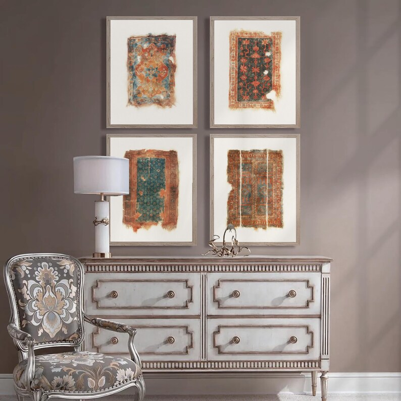 Framed Persian Rug Art: Bohemian Islamic Gallery Art Set of 4, Textile ...