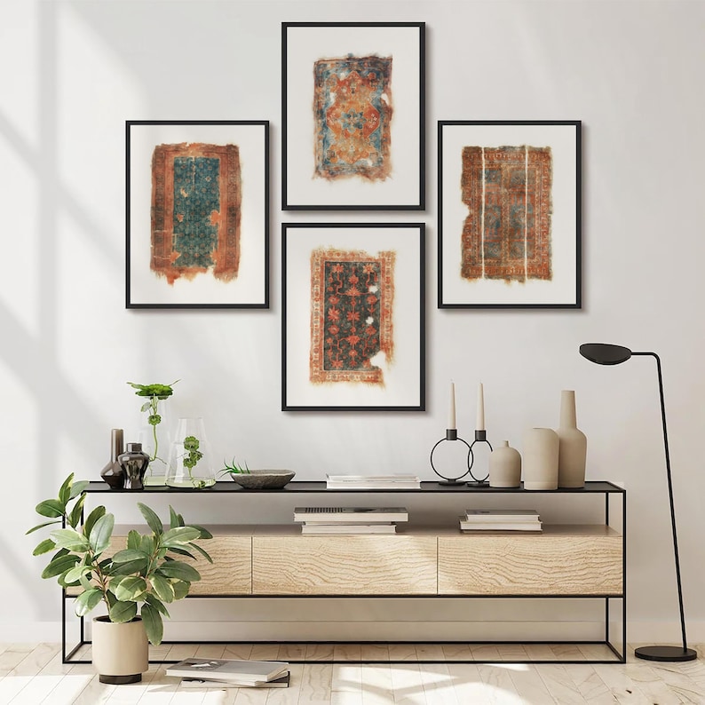 Framed Persian Rug Art: Bohemian Islamic Gallery Art Set of 4, Textile ...