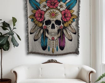 Boho Skull Woven Throw Blanket – Floral Feather Skull Blanket with Sun Symbol | Gothic Bohemian Tapestry Throw, Housewarming Gift