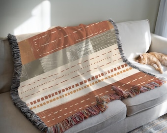 Boho Gestreifte gewebte Decke - Rustikale Erdfarben Tagesdecke | Minimalistische Bauernhausdekor | Gemütlicher Boho Couch werfen, Housewarming Geschenk