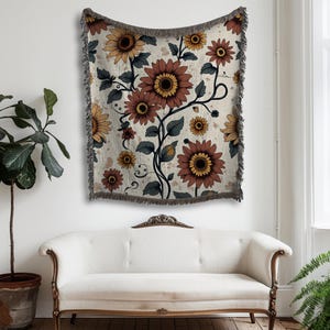 Sunflower Woven Throw Blanket – Vintage Floral Tapestry Wall Hanging or Couch Throw | Boho Botanical Home Decor | Rustic Farmhouse Blanket