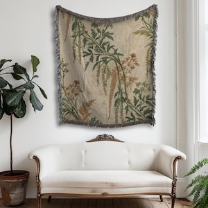 Vintage Floral Plant Throw, Cottagecore Nature Tapestry Blanket