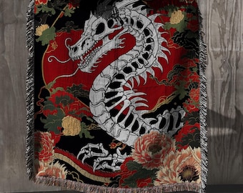 Skeleton Dragon Woven Blanket – Gothic Japanese Tattoo Art Throw, Dark Floral Mythical Creature Tapestry, Alternative Room Decor