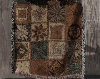 Boho Patchwork Floral Woven Blanket – Rustic Botanical Throw, Earth Tone Comfort Colors Western Decor, Cozy Couch Blanket As A Gift