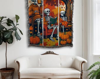 Cozy Skeleton Fall Woven Throw Blanket – Autumn Halloween Blanket with Pumpkins & Leaves | Spooky Season Decor | Skeleton Reading Blanket