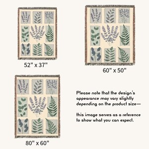 May include: Woven throw blankets with botanical designs. The blankets feature a cream background with nine rectangular panels, each showcasing a different plant illustration in shades of green and purple. Sizes are 132 x 94 cm, 152 x 127 cm, and 203 x 152 cm.