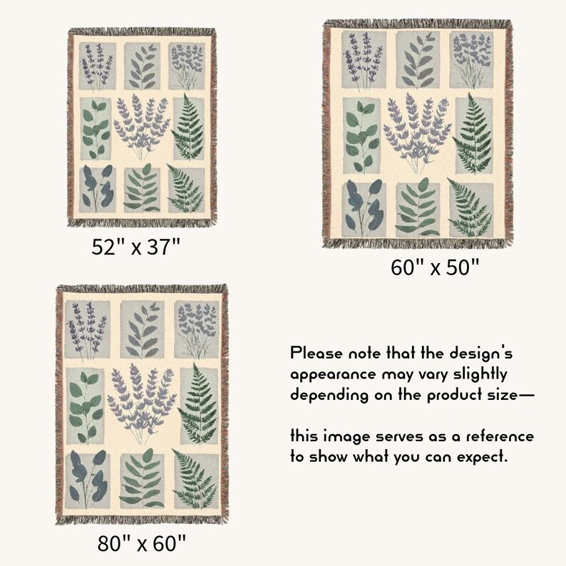 May include: Woven throw blankets with botanical designs. The blankets feature a cream background with nine rectangular panels, each showcasing a different plant illustration in shades of green and purple. Sizes are 132 x 94 cm, 152 x 127 cm, and 203 x 152 cm.