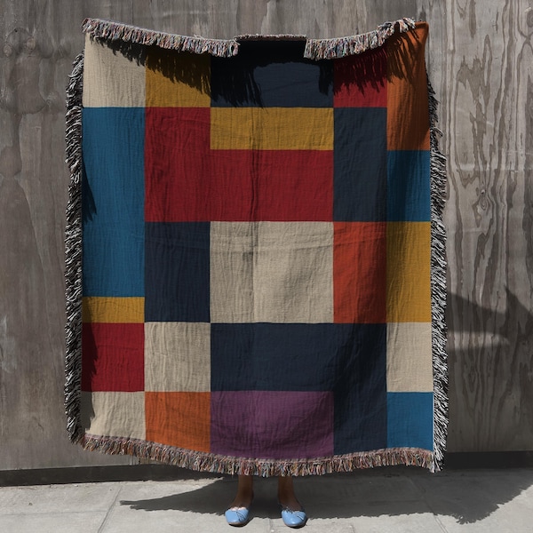 Modern Geometric Color Block Woven Throw Blanket – Mid Century Minimalist Tapestry, Abstract Couch Throw, Contemporary Home Decor Gift