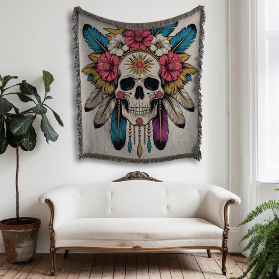 Boho Skull Woven Throw Blanket – Floral Feather Skull Blanket with Sun Symbol | Gothic Bohemian Tapestry Throw, Housewarming Gift