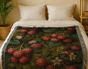 Raspberry Woven Blanket, Botanical Fruit Throw, Cozy Boho Home Decor, Housewarming Gift for Nature Lovers, Bed or Sofa Accent