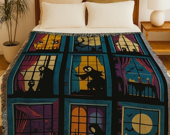 Halloween Throw Blanket, Gothic Haunted House Woven, Spooky Silhouette Tapestry, Home Decor Couch Throw, Fall Gift for Halloween