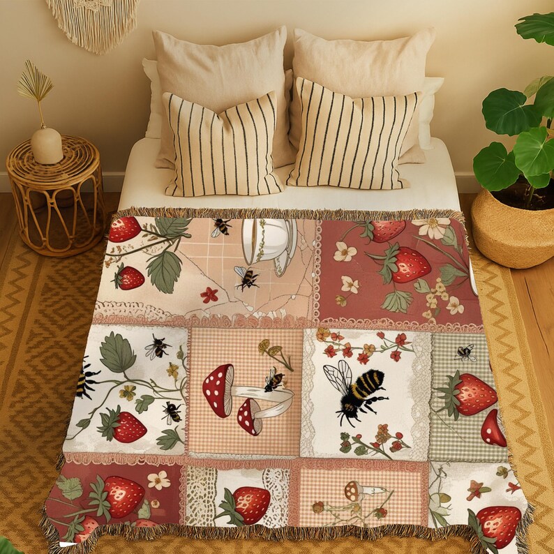 May include: A patchwork throw blanket with strawberry, mushroom, and bee designs. The blanket has a fringed edge and a variety of patterns, including gingham and floral motifs. The colour palette includes shades of red, pink, and beige.