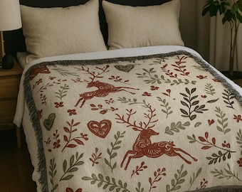 Scandinavian Reindeer Christmas Woven Blanket, Cozy Christmas Throw for Sofa or Bed, Holiday Home Decor & Perfect Christmas Gift Idea