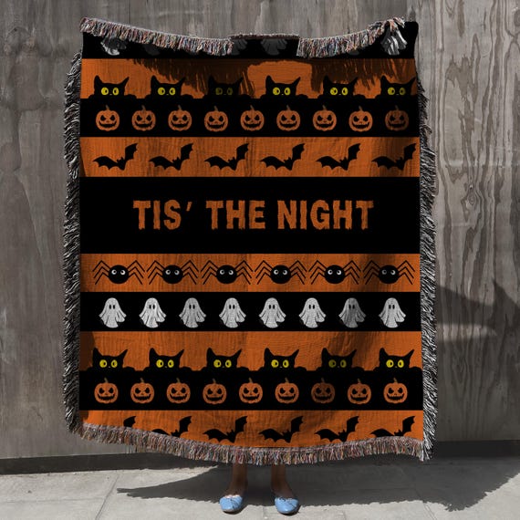 Halloween Throw Blanket – “Tis’ The Night” Woven Blanket with Cats, Ghosts & Pumpkins | Spooky Fall Home Decor | Gothic Cozy Couch Throw